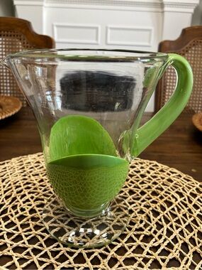 Heavy vintage Mcm retro green and clear glass pitcher